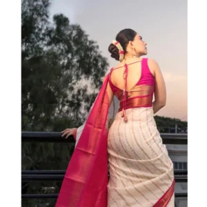 Women's Silk Printed Saree With Unstitched Blouse 5.5Mtr (White-Pink) - Image 2