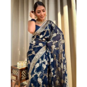 Women's Silk Printed Saree With Unstitched Blouse 5.5Mtr (Dark Blue) - Image 3