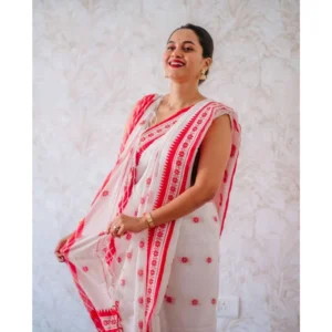 Women's Cotton  Printed Saree With Unstitched Blouse 5.5Mtr (White-Pink) - Image 2