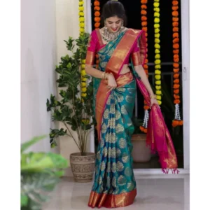 Women's Silk Printed Saree With Unstitched Blouse 5.5Mtr (Teal Blue) - Image 3