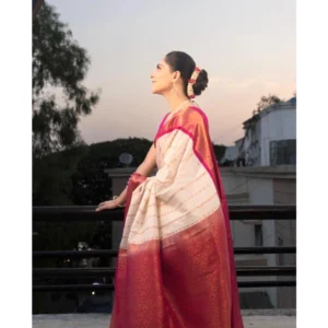 Women's Silk Printed Saree With Unstitched Blouse 5.5Mtr (White-Pink) - Image 3