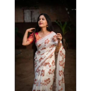 Women's Silk Printed Saree With Unstitched Blouse 5.5Mtr (White-Orange) - Image 2