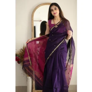 Women's Cotton  Printed Saree With Unstitched Blouse 5.5Mtr (Navy Blue) - Image 3