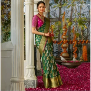 Women's Silk Printed Saree With Unstitched Blouse 5.5Mtr (Green) - Image 3