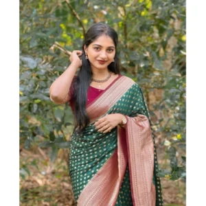 Women's Silk Printed Saree With Unstitched Blouse 5.5Mtr (Green-Red) - Image 3