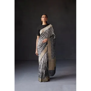 Women's Silk Printed Saree With Unstitched Blouse 5.5Mtr (Grey) - Image 3