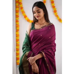 Women's Cotton  Printed Saree With Unstitched Blouse 5.5Mtr (Wine) - Image 2