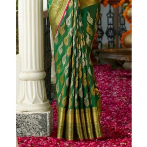 Women's Silk Printed Saree With Unstitched Blouse 5.5Mtr (Green) - Image 2