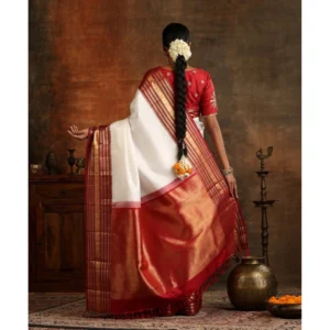Women's Silk Printed Saree With Unstitched Blouse 5.5Mtr (White-Maroon) - Image 3