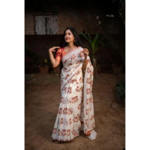 Women's Silk Printed Saree With Unstitched Blouse 5.5Mtr (White-Orange) - Image 3