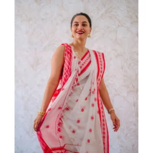 Women's Cotton  Printed Saree With Unstitched Blouse 5.5Mtr (White-Pink) - Image 3
