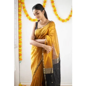 Women's Cotton  Printed Saree With Unstitched Blouse 5.5Mtr (Yellow) - Image 2