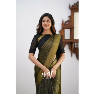 Women's Silk Printed Saree With Unstitched Blouse 5.5Mtr (Black) - Image 3