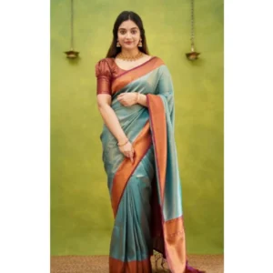 Women's Silk Printed Saree With Unstitched Blouse 5.5Mtr (Rama) - Image 3