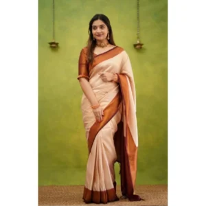 Women's Silk Printed Saree With Unstitched Blouse 5.5Mtr (Cream) - Image 2
