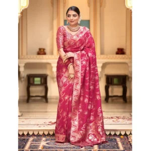 Women's Silk Printed Saree With Unstitched Blouse 5.5Mtr (Pink) - Image 2