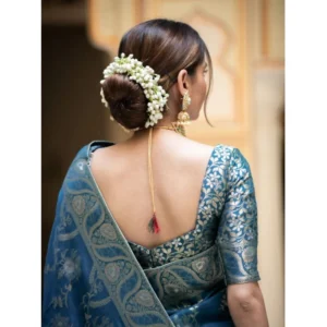 Women's Silk Printed Saree With Unstitched Blouse 5.5Mtr (Teal Blue) - Image 2