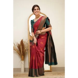 Women's Silk Printed Saree With Unstitched Blouse 5.5Mtr (Red) - Image 2