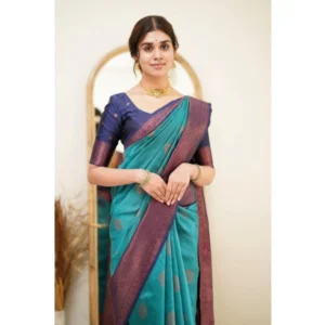 Women's Silk Printed Saree With Unstitched Blouse 5.5Mtr (Rama) - Image 2