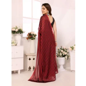 Women's  Black Berry Striped Ready-to-Wear Saree With Unstitched Blouse 5.5 Mtr (Red-Black) - Image 3
