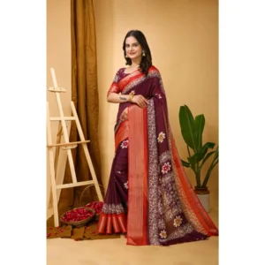 Women's Soft Blooming Marshmallow Fabric Kalamkari Printed Saree With Unstitched Blouse 5.5Mtr (Wine) - Image 4