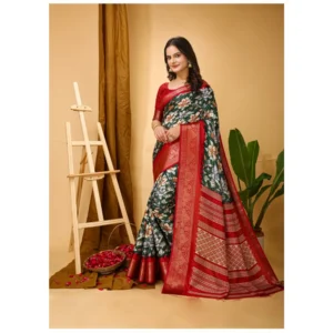 Women's Soft Dola Cotton Kalamkari Printed Saree With Unstitched Blouse 5.5Mtr (Green) - Image 2