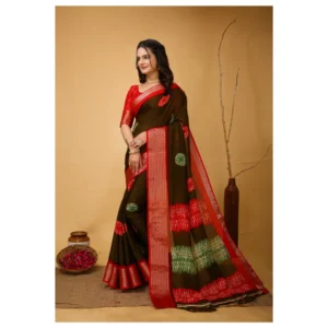 Women's Soft Blooming Marshmallow Fabric Kalamkari Printed Saree With Unstitched Blouse 5.5Mtr (Mehendi) - Image 4