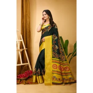 Women's Soft Dola Cotton Kalamkari Printed Saree With Unstitched Blouse 5.5Mtr (Green) - Image 3