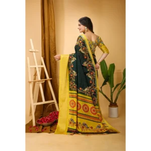 Women's Soft Dola Cotton Kalamkari Printed Saree With Unstitched Blouse 5.5Mtr (Green) - Image 2