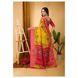 Women's Soft Dola Cotton Kalamkari Printed Saree With Unstitched Blouse 5.5Mtr (Yellow) - Image 2