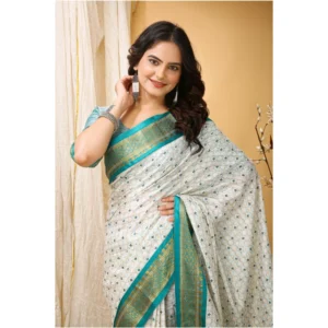 Women's Soft Cotton Silk Printed Saree With Unstitched Blouse 5.5Mtr (Rama Green) - Image 2