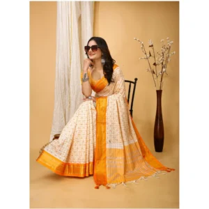 Women's Soft Cotton Silk Printed Saree With Unstitched Blouse 5.5Mtr (Yellow) - Image 2