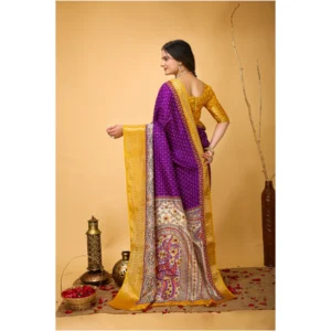 Women's Soft Dola Cotton Kalamkari Printed Saree With Unstitched Blouse 5.5Mtr (Purple) - Image 3