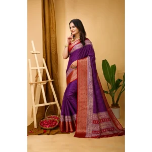 Women's Soft Dola Cotton Kalamkari Printed Saree With Unstitched Blouse 5.5Mtr (Purple) - Image 4