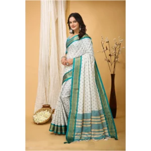 Women's Soft Cotton Silk Printed Saree With Unstitched Blouse 5.5Mtr (Rama Green) - Image 4