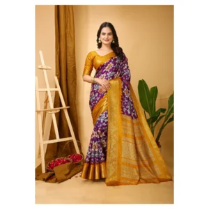 Women's Soft Dola Cotton Kalamkari Printed Saree With Unstitched Blouse 5.5Mtr (Purple) - Image 4