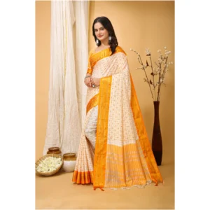 Women's Soft Cotton Silk Printed Saree With Unstitched Blouse 5.5Mtr (Yellow) - Image 4