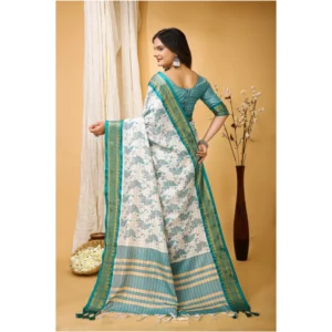Women's Soft Cotton Silk Printed Saree With Unstitched Blouse 5.5Mtr (Turquoise) - Image 4