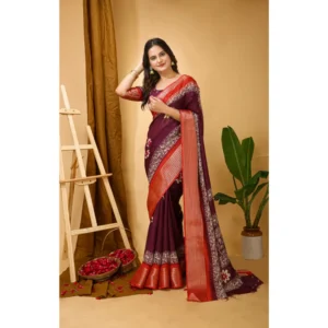 Women's Soft Blooming Marshmallow Fabric Kalamkari Printed Saree With Unstitched Blouse 5.5Mtr (Wine) - Image 2