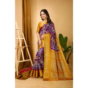 Women's Soft Dola Cotton Kalamkari Printed Saree With Unstitched Blouse 5.5Mtr (Purple) - Image 3