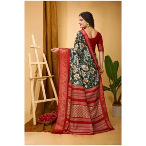 Women's Soft Dola Cotton Kalamkari Printed Saree With Unstitched Blouse 5.5Mtr (Green) - Image 4