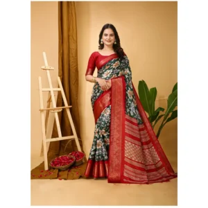 Women's Soft Dola Cotton Kalamkari Printed Saree With Unstitched Blouse 5.5Mtr (Green) - Image 3
