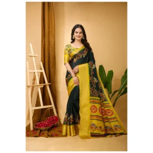 Women's Soft Dola Cotton Kalamkari Printed Saree With Unstitched Blouse 5.5Mtr (Green) - Image 4