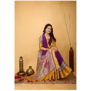 Women's Soft Dola Cotton Kalamkari Printed Saree With Unstitched Blouse 5.5Mtr (Purple) - Image 2