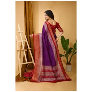 Women's Soft Dola Cotton Kalamkari Printed Saree With Unstitched Blouse 5.5Mtr (Purple) - Image 3