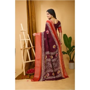 Women's Soft Blooming Marshmallow Fabric Kalamkari Printed Saree With Unstitched Blouse 5.5Mtr (Wine) - Image 3