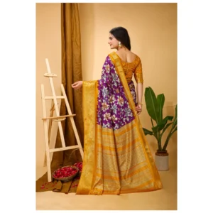 Women's Soft Dola Cotton Kalamkari Printed Saree With Unstitched Blouse 5.5Mtr (Purple) - Image 2