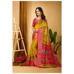 Women's Soft Dola Cotton Kalamkari Printed Saree With Unstitched Blouse 5.5Mtr (Yellow) - Image 3
