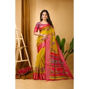 Women's Soft Dola Cotton Kalamkari Printed Saree With Unstitched Blouse 5.5Mtr (Yellow) - Image 4
