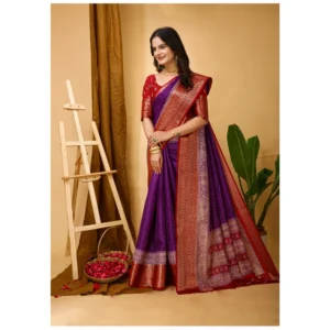 Women's Soft Dola Cotton Kalamkari Printed Saree With Unstitched Blouse 5.5Mtr (Purple) - Image 2